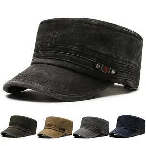 Vintage Washed Cotton Cadet Cap For Men Women Adjustable Military Flat Top Patrol Hat Distressed Canvas Baseball Cap Outdoor Sunshade