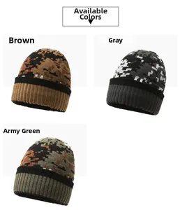 Three-color pixel camouflage knitted beanies in brown, grey, and army green with ribbed cuffs