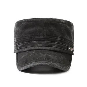Men's vintage washed cotton cadet hat in black with metal side tag decoration