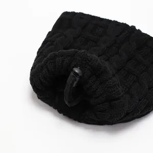 Black cable knit warm neck warmer with adjustable drawstring for outdoor winter activities