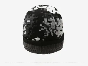 Detailed back view of a winter knit beanie featuring a grey digital pixel camo pattern