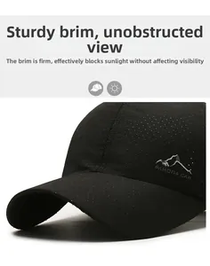 Detail of breathable mesh fabric and mountain print on black athletic baseball cap