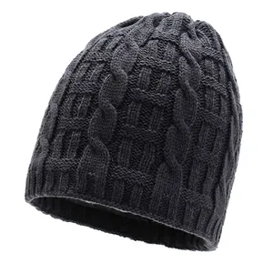 Men's dark gray knit beanie with warm fleece lining and classic braided pattern