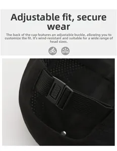 Detail of adjustable back buckle on black quick-dry baseball cap for a secure fit