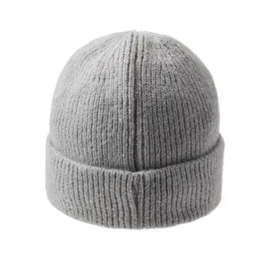 Light gray knitted beanie for children with soft ribbed texture and folded cuff design