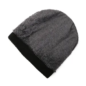 Men's winter knit beanie in dark grey plush faux fur with black ribbed cuff detail