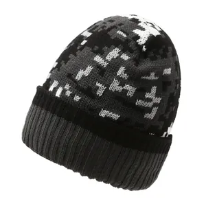 Winter knitted beanie with pixelated camouflage jacquard pattern and wide ribbed cuff
