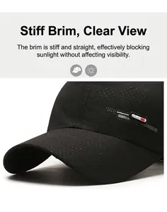 Detail of black quick-dry baseball cap with breathable mesh and utility side label