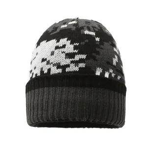 Winter knit beanie with pixelated camouflage pattern and ribbed cuff for outdoor warmth