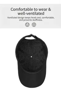 Close-up of quick-dry black baseball cap showing breathable mesh and inner strap detail