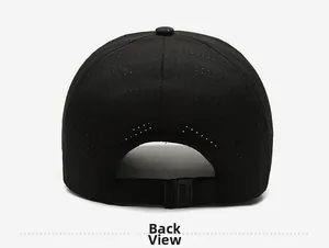 Rear view of black breathable quick-dry baseball cap with adjustable strap and mesh details