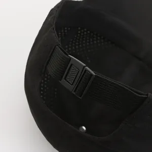 Rear view of black quick-dry mesh baseball cap with adjustable buckle and mountain print