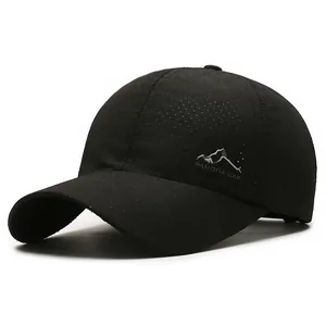 Breathable black outdoor baseball cap with mountain print and laser-cut holes
