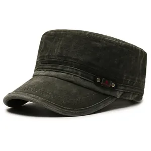 Men's washed charcoal gray cotton flat top military cap with side metal brand plate