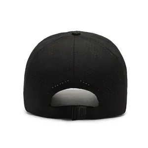 Rear view of black quick-dry baseball cap with breathable mesh and adjustable buckle