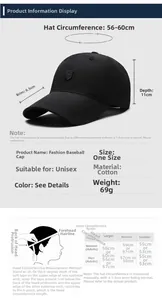 Detaillierte Größentabelle für die schnelltrocknende Baseballkappe mit Maßen und Passform-Info