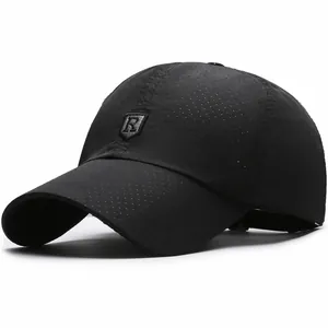 Unisex black breathable mesh baseball cap with R-letter shield patch and curved brim