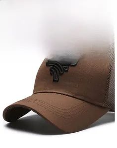 Detail of dark brown mesh cap featuring 3D embroidery and reinforced visor stitching