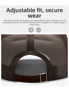 Detail of adjustable metal buckle and breathable mesh on the brown baseball cap
