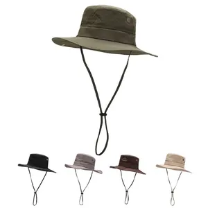 Chapeau Bob de Protection Solaire Extérieur Coton Large Bord Chapeau de Pêche Pour Hommes Femmes Cordon Coupe-vent Réglable Broderie Montagne