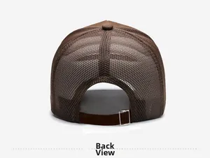 Rear view of brown mesh trucker hat featuring adjustable strap and silver metal buckle