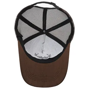Brown trucker hat with mesh back and embroidered antlers on a high-top front panel