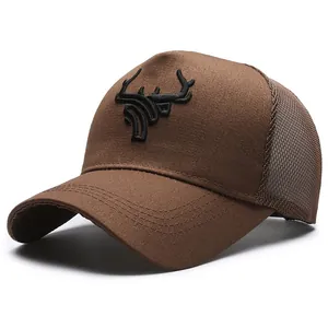 Brown high-crown trucker hat featuring embroidered deer antlers and breathable mesh back