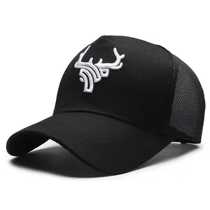 Black high crown trucker hat with embroidered deer antlers and breathable mesh back