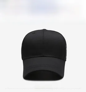 Front view of black baseball cap showing curved brim and cotton twill texture