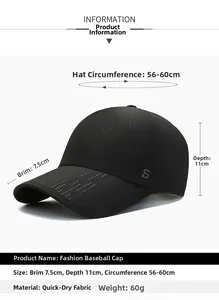 Tableau détaillé des tailles pour la casquette de sport noire en maille respirante