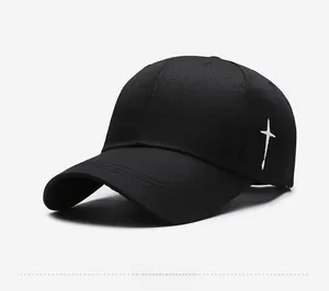 Close-up of white cross embroidery on black cotton baseball cap side profile