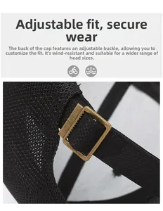 Detail of adjustable metal buckle and woven strap on black mesh baseball cap