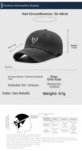 Size chart for washed cotton baseball cap with heart embroidery and measuring guide