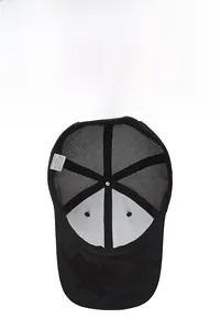 Detail view of breathable black mesh baseball cap with interior sweatband and washing label