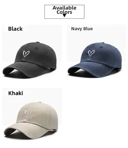 Detailed color options of vintage washed baseball caps with embroidered heart designs