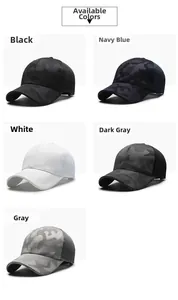 Detailed view of various camo mesh baseball caps in black, navy, white, and grey colors