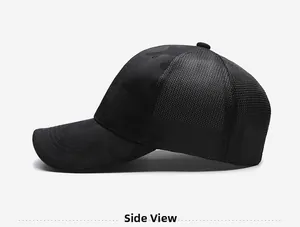 Side view of black mesh baseball cap featuring dark camo patterns and breathable fabric