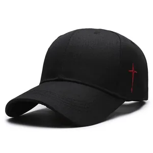 Classic black baseball cap with red embroidered cross and high-quality cotton twill
