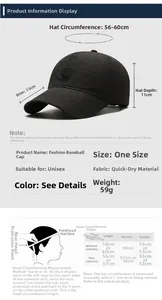 Size guide for quick-dry breathable baseball cap with detailed head circumference charts