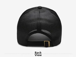 Detail view of breathable mesh texture and adjustable bronze metal buckle on a black baseball cap