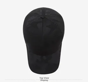 Top view of dark camouflage mesh baseball cap showing breathable texture and pattern
