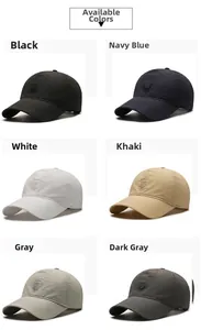 Breathable quick-dry mesh baseball caps shown in black, navy, white, khaki, and grey
