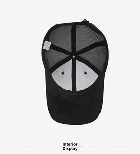 Detailed interior view of mesh baseball cap showing fabric label and stitching quality