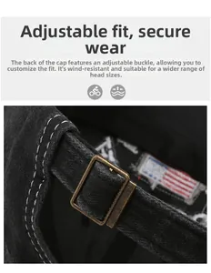 Detail of adjustable metal buckle and stitching on vintage washed cotton baseball cap