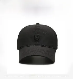 Front view of black breathable mesh baseball cap featuring a shield-shaped R logo