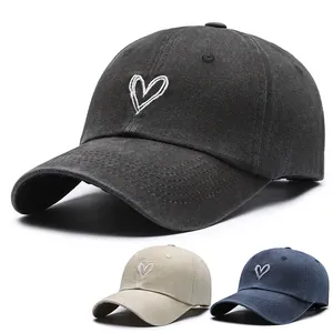 Retro Washed Cotton Baseball Cap For Men Women Heart Embroidery Adjustable Dad Hat Sun Protection Outdoor Casual Sport Headwear
