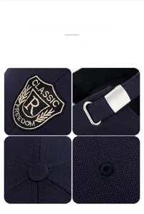 Detailed close-up of navy baseball cap with gold embroidery and adjustable metal buckle