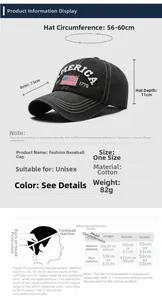 Detailed size guide for vintage American flag baseball cap showing brim and depth