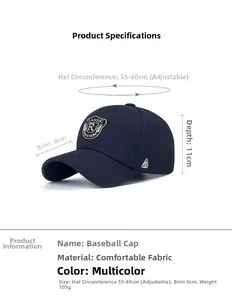Detail of navy blue baseball cap with shield embroidery and adjustable sizing specs