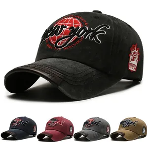Casquette de Baseball Vintage Lavée Usée Hommes Femmes Réglable Chapeau de Soleil Broderie New York Bordure Cuir Coton Usé Dad Hat